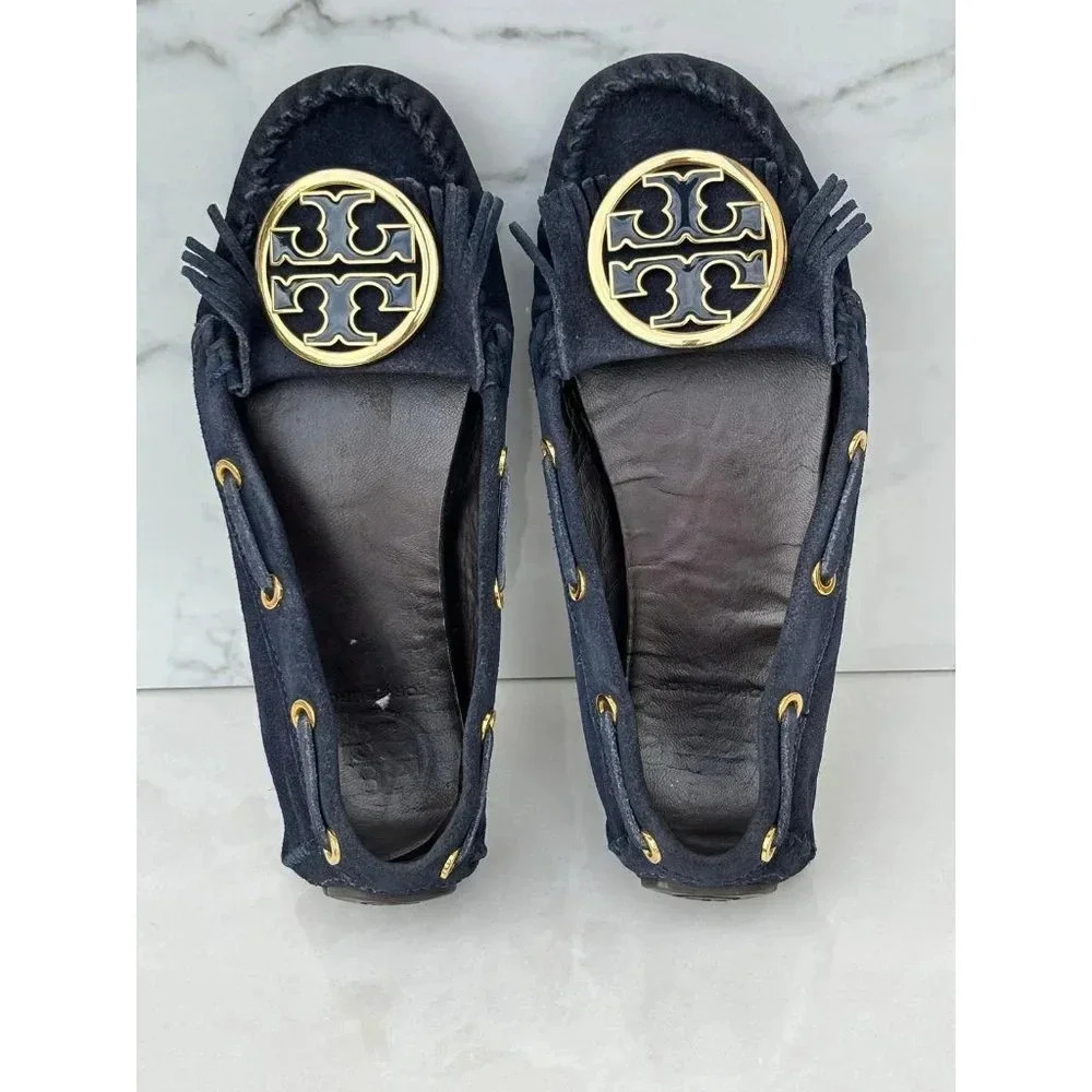 Tory Burch Alexandra Womens Suede Leather Fringe Moccasins Flat Shoes Navy Sz 5
